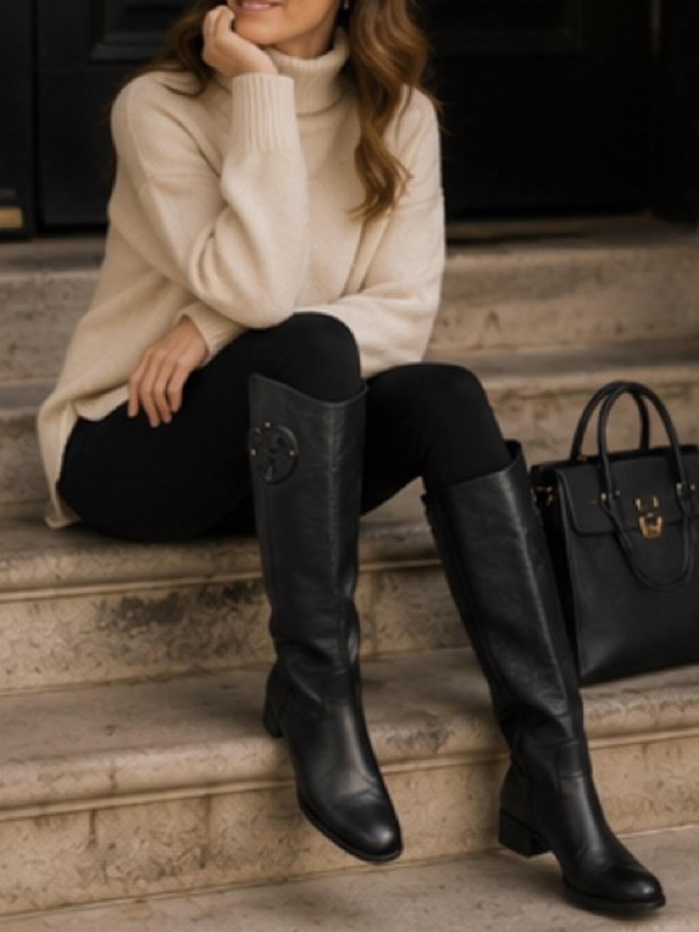 Tory Burch Keaton Riding Boots Black Pebbled Leather Equestrian 9.5